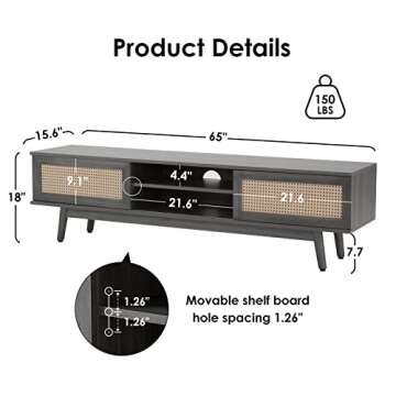 Soohow Mid Century Modern Wood Bedroom, 65" Farmhouse Coffee Entertainment Center Living Room Rattan Table, TV Stand with Storage Media Console, Dark Grey