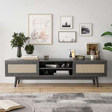 Soohow Mid Century Modern Wood Bedroom, 65" Farmhouse Coffee Entertainment Center Living Room Rattan Table, TV Stand with Storage Media Console, Dark Grey