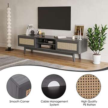 Soohow Mid Century Modern Wood Bedroom, 65" Farmhouse Coffee Entertainment Center Living Room Rattan Table, TV Stand with Storage Media Console, Dark Grey