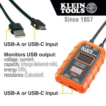 Klein Tools ET920 USB Power Meter, USB-A and USB-C Digital Meter for Voltage, Current, Capacity, Energy and Resistance