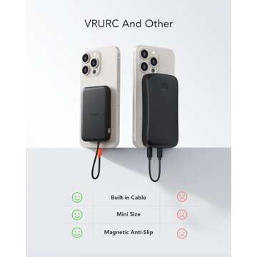 VRURC Slim Portable Charger with Built-in Cable USB C, 5000mAh Mini Power Bank LED Display, Anti-Slip Magnet Battery Pack with C Port for iPhone 15/15 Pro/15 Plus/14/13/12/X,Samsung,Android etc-Black