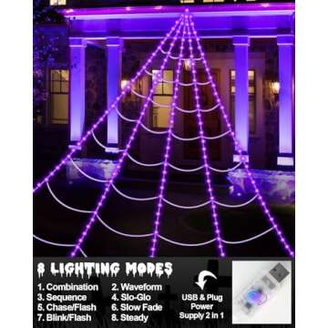 LED Purple Spider Web Lights for Halloween Decor 16.4Ft