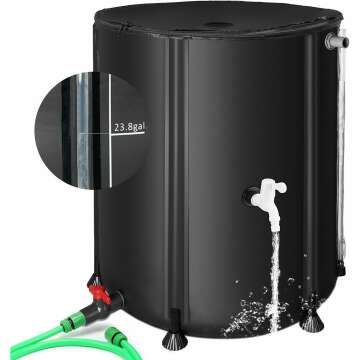 SQUEEZE master 50 Gallon Rainwater Collection Barrel-BPA Free Home Rain Catcher with Outlet Hose-Flatback Designed Water Storage Collection Barrel for Gardens and Plants