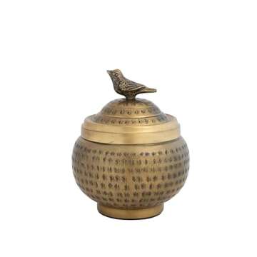 Brass Round Hammered Metal Container with Bird Finial