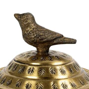 Brass Round Hammered Metal Container with Bird Finial