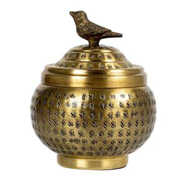 Brass Round Hammered Metal Container with Bird Finial