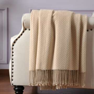 Luxurious Silk Throw Blanket with Fringe - Pure Mulberry Silk in Herringbone Taupe