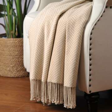 Silk Throw Blanket with Fringe in Herringbone Taupe