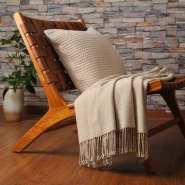 Silk Throw Blanket with Fringe in Herringbone Taupe