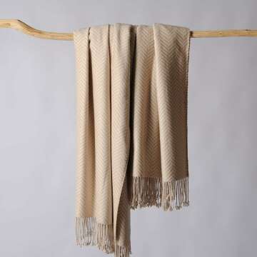 Silk Throw Blanket with Fringe in Herringbone Taupe