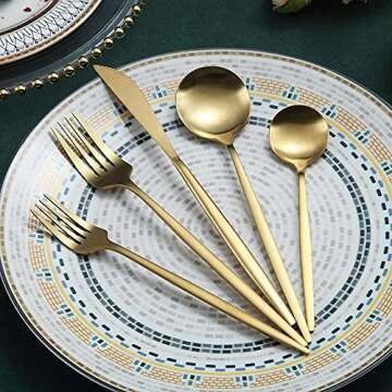 Matte Gold Silverware Set 20 Pieces, Stainless Steel Golden Flatware Set, Titanium Plating Cutlery Set, Matte Gold Utensil Sets, Service Set for 4 (Matte Golden)