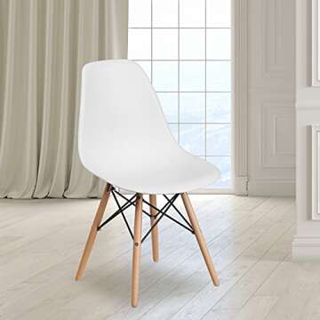 Flash Furniture Elon Series Plastic Modern Dining Chair with Wooden Legs, Mid-Century Modern Accent Chair for Dining Rooms and Offices, White