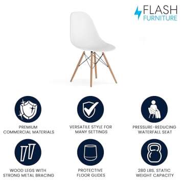 Flash Furniture Elon Series Plastic Modern Dining Chair with Wooden Legs, Mid-Century Modern Accent Chair for Dining Rooms and Offices, White