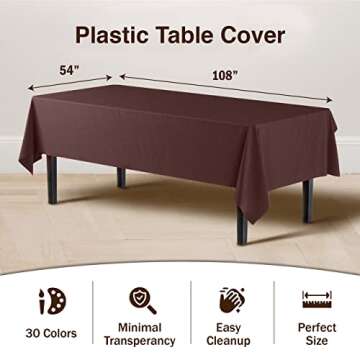 Exquisite 6-Pack Premium Plastic Tablecloth 54in. X 108in. Rectangle Plastic Table Cover - Brown