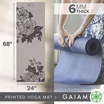 Gaiam Yoga Mat Premium Print Extra Thick Non Slip Exercise & Fitness Mat for All Types of Yoga, Pilates & Floor Workouts, Grey Peony, 6mm