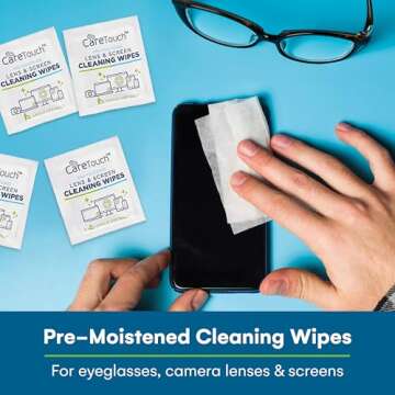 Care Touch Lens Wipes for Eyeglasses - 210 Individually Wrapped Pre-Moistened Wipes, 5x6 Inches - Cleaner for Glasses, Sunglasses, and Screens - Gentle and Portable for On-the-Go Cleaning of Devices