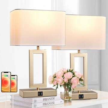 Set of 2 Table Lamps with Dual USB Ports,Touch Control for Bedside and Nightstand in Bedroom, 3-Way Dimmable Modern for Desk, Living Room, Office, LED Bulbs Included, Gold&White