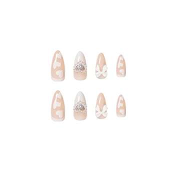 Nail Apparel Y2K Long Coffin Cute Kawaii Press on Nails 3D Cartoon Hot Pink Rabbite Black Pink Daisy Duck Glitter Rhinestone Heart Pearl Bow Flame Long Ballet Trapezoid Fake Nails 24Pcs (White Peach Heart Pearl Bow Almond)