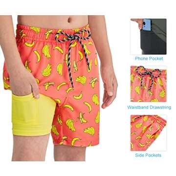 Cozople Boys Swim Trunks Size 10-12 Funny Banana Graphic Compression Liner Bathing Suit Swimwear Summer Quick Dry Boxer Brief Liner Beach Board Shorts for Casual Homewear Swimsuit