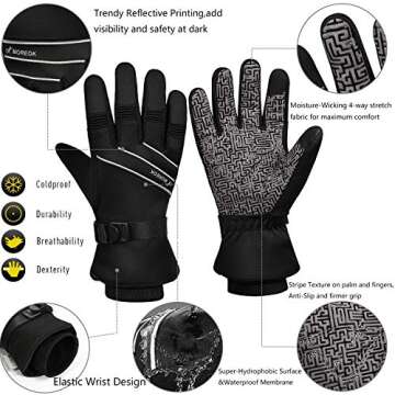 MOREOK Waterproof & Windproof -30°F Winter Gloves for Men/Women, 3M Thinsulate Thermal Gloves Touch Screen Warm Gloves for Skiing,Cycling,Motorcycle,Running-Black-XS