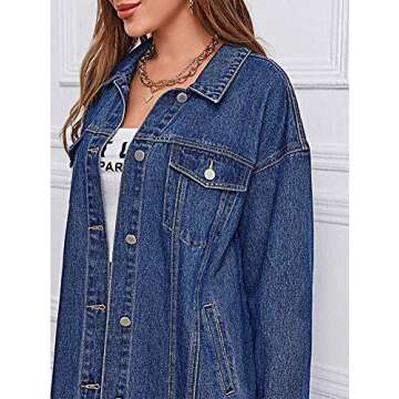 chouyatou Women's Fashion Spring Button Down Midi Long Denim Jean Jacket Trench Coat (Medium, Blue)