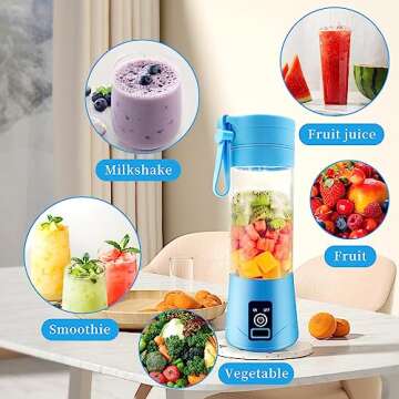 Portable Blender,Personal Blender for Shakes and Smoothies,Personal Size Blenders with USB Rechargeable Mini Fruit Juice Mixer, Mini Juicer Smoothie Blender Bottles Travel 380ML,Blue