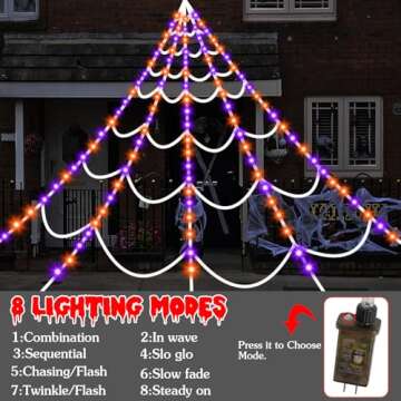 Halloween Decorations Spider Webs Lights: 200 Purple & Orange LED Halloween Lights Decor Outdoor, 17.4Ft Giant Spiderweb with 8 Lighting Modes Waterproof & Timer, Halloween Yard Decorations Outside