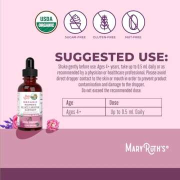 MaryRuth Organics USDA Organic Women's Wellness Liquid Herbal Supplements | Includes Stinging Nettle, Raspberry Leaf, Eleuthero Root, Chaste Tree Berry | Menstrual Support | Non-GMO, Vegan