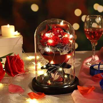 Christmas Rose Gifts for Women,Beauty and the Beast Rose in Glass Dome with 2 Lighting Mode,Forever Flowers Bouquets Birthday Gifts for her,Women Gifts on Anniversary Christmas Valentines Day Birthday