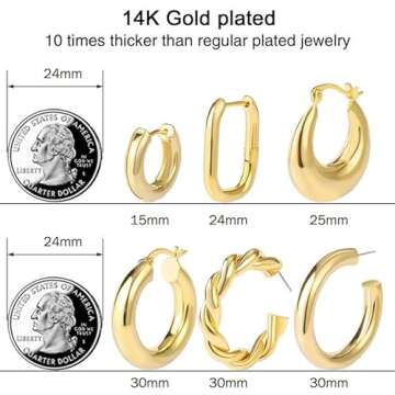 6 Pairs Chunky Gold Hoop Earrings Set for Women 14K Gold Plated Hypoallergenic Thick Open Huggie Hoop Set Jewelry for Gifts