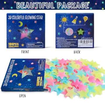 AM AMAONM 100 Pcs Colorful Glow in The Dark Luminous Stars Fluorescent Noctilucent Plastic Wall Stickers Murals Decals for Home Art Decor Ceiling Wall Decorate Kids Babys Bedroom Room Decorations