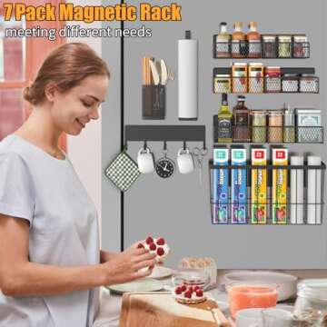 Magnetic Spice Rack for Refrigerator, 7 Pack Metal Magnetic Shelf, Moveable Magnetic Storage Fridge Organizer, Spice Organizer, Hook Rack, Paper Towel Holder, Utensils Holder, Cutting Board Holder