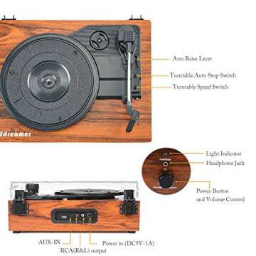 Vinyl Record Player Wireless Turntable with Built-in Speakers and USB Belt-Driven Vintage Phonograph Record Player 3 Speed for Entertainment and Home Decoration