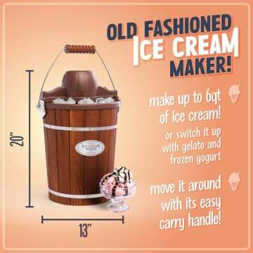 Nostalgia Electric Ice Cream Maker - Old Fashioned Soft Serve Ice Cream Machine Makes Frozen Yogurt or Gelato in Minutes - Fun Kitchen Appliance - Vintage Wooden Style - Dark Wood - 6 Quart