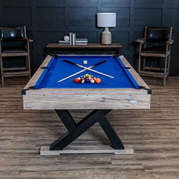 American Legend Kirkwood 84” Billiard Table with Rustic Blond Finish, K-Shaped Legs and Royal Blue Cloth