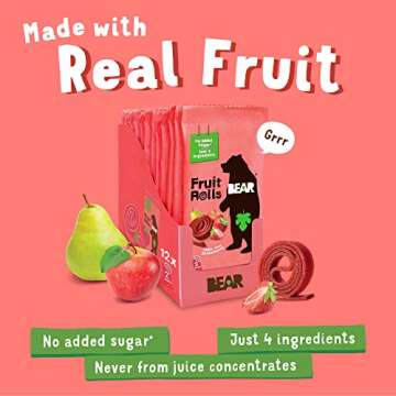 BEAR Real Fruit Snack Rolls - Gluten Free, Vegan, and Non-GMO - Strawberry – Healthy School And Lunch Snacks For Kids And Adults, 0.7 Ounce (Pack of 12)