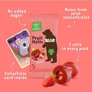 BEAR Real Fruit Snack Rolls - Gluten Free, Vegan, and Non-GMO - Strawberry – Healthy School And Lunch Snacks For Kids And Adults, 0.7 Ounce (Pack of 12)