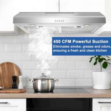 Range hood 30 Inch Under Cabinet,450 CFM Ducted/Ductless Vent Hood for Kitchen With Bright Light, Quiet Operation and 3 Speed Exhaust Fan