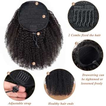 Afro Puff Drawstring Ponytail Human Hair Bun For Black Women 150% Density 10A Brazilian Virgin Human Hair Afro Kinky Curly Clip In Ponytail Extension Human Hair Pieces 150g Natural Color 20inch