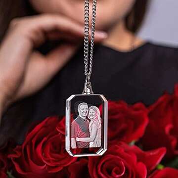 ArtPix 3D Personalized Necklace, 3D Laser Etched Photo Crystal, Engraved Rectangle Necklaces Accessories, Memorial Birthday Gifts for Mom Dad, Him Her, Men Women, Customized Anniversary Couples Gifts