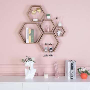 PHOENANCEE Hexagon Floating Shelves,Honeycomb Shelf Set of 5,Octagon Shelves Wall Mounted Hanging Storage Cube Wood for Bathroom Kitchen Bedroom Living Room Office Home