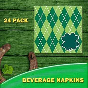 Unique St. Patrick's Day Argyle Clover Dinnerware Bundle | Dinner & Dessert Plates, Luncheon & Beverage Napkins | Irish Shamrock, Green Theme Leprechaun, Irish March 17