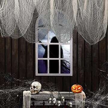 FestiCorp Halloween Beige White Cheesecloth, 394x30 inch-Halloween Spooky Creepy Cloth Curtain Gauze Fabric, Spider Web Mesh White Cheese Cloth for Haunted House Decor, Indoor & Outdoor Decoration