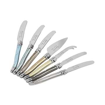 French Home Laguiole 7-Piece Cheese Knife Set - Includes Stainless Steel Spade, Spear Knife, Soft Cheese Knife & 4 Spreaders with Three-Rivet Curved Mother of Pearl Handle and Bee Emblem