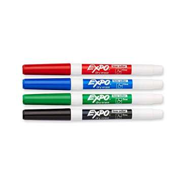 EXPO 86674K Low-Odor Dry Erase Markers, Fine Point, Assorted Colors, 1 Blister Pack with 4 Markers, Total of 4 Markers