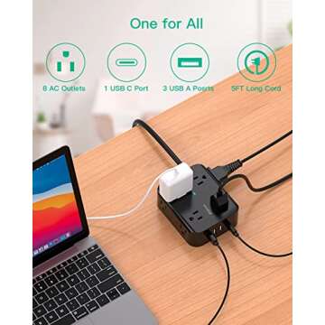 Power Strip Surge Protector - Flat Plug, Wall Mount, 8 Wide Outlets with 4 USB Ports (1 USB C), 5FT Heavy Duty Extension Cord with Multiple Outlets, Charging Station Overload Protection for Home Dorm