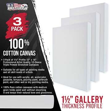 U.S. Art Supply 12 x 16 inch Gallery Depth 1-1/2" Profile Stretched Canvas, 3-Pack - 12-Ounce Acrylic Gesso Triple Primed, Professional Artist Quality, 100% Cotton - Acrylic Pouring, Oil Painting