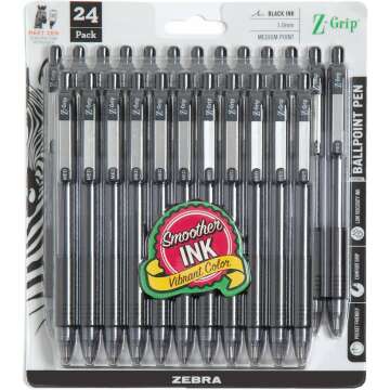 Zebra Pen Z-Grip Retractable Ballpoint Pen, Medium Point, 1.0mm, Black Ink, 24 Pack (Packaging may vary)