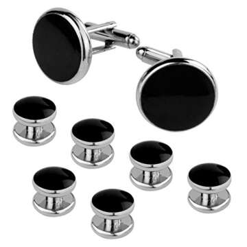 Black Silver Tuxedo Studs and Cufflinks Set, Mens Cufflinks and Cuff Studs Set Cuff Links Stainless Steel Tux Buttons with Box for Tuxedo Shirts Wedding Business Gift