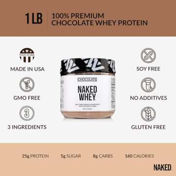 Naked Whey 1LB - All Natural Grass Fed Whey Protein Powder, Organic Chocolate, and Coconut Sugar - No GMO, No Soy, and Gluten Free, Aid Growth and Recovery - 12 Servings